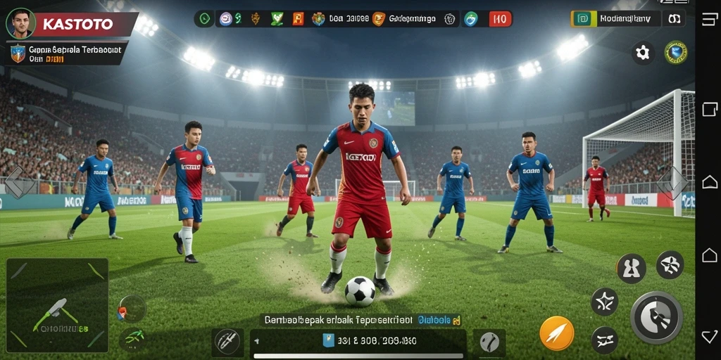 Screenshot gameplay KASTOTO menampilkan aksi pertandingan sepak bola yang mendebarkan.