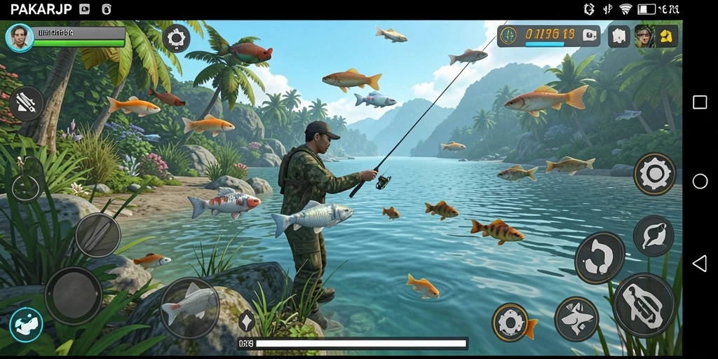 Tampilan gameplay <strong>PAKARJP</strong> yang menarik saat menangkap ikan di danau.