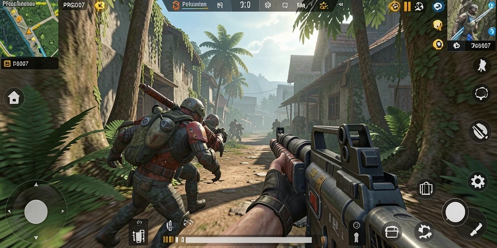 Tampilan gameplay seru dalam PRG007, menampilkan aksi tembak-menembak yang menegangkan.