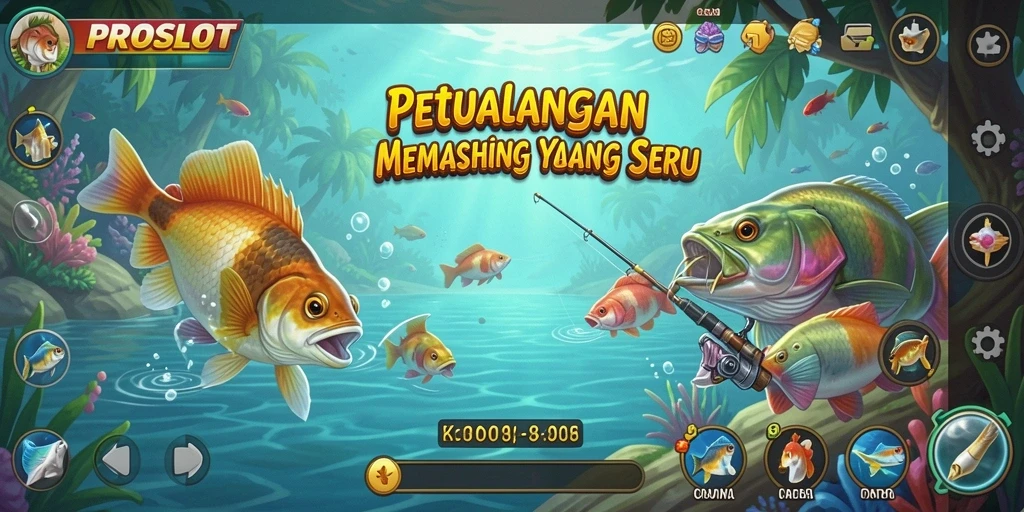 Gameplay seru PROSLOT saat menangkap ikan di danau yang indah.