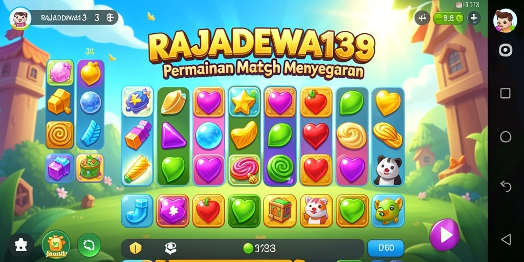 Tampilan gameplay seru dalam RAJADEWA138, menampilkan aksi mencocokkan simbol match-3.